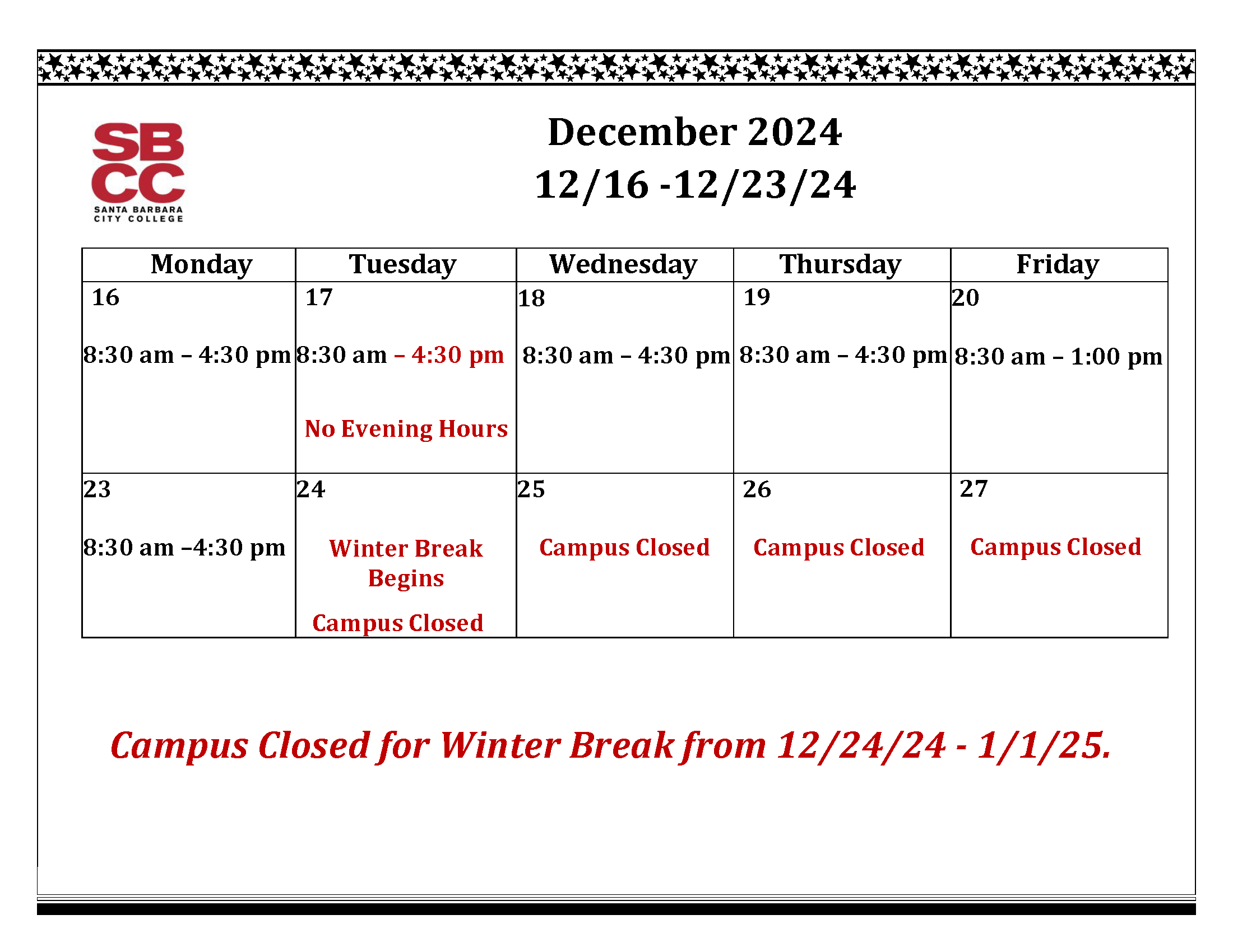 December 2024 student services hours - click for PDF